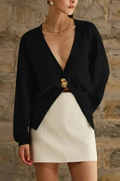 Fashion V neck Button Cardigan Black / S