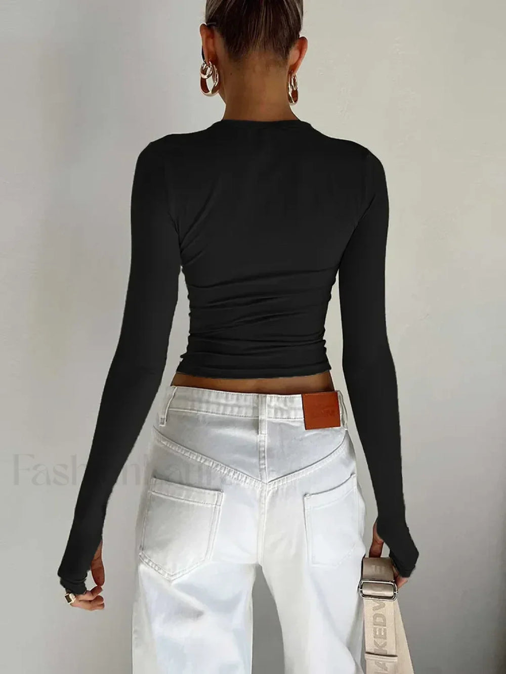 Fashion Women Long Sleeve Crew Neck Crop Top