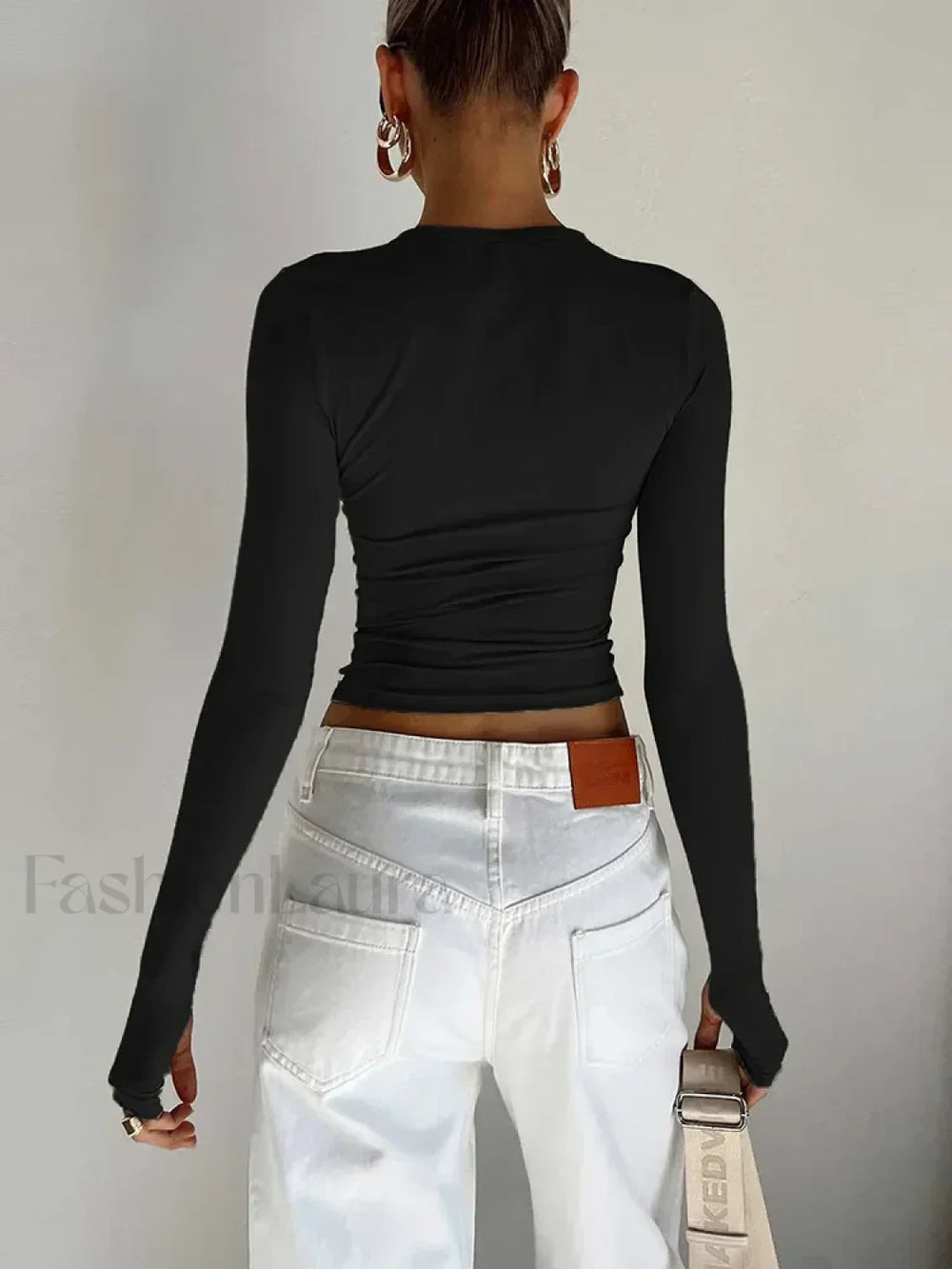 Fashion Women Long Sleeve Crew Neck Crop Top