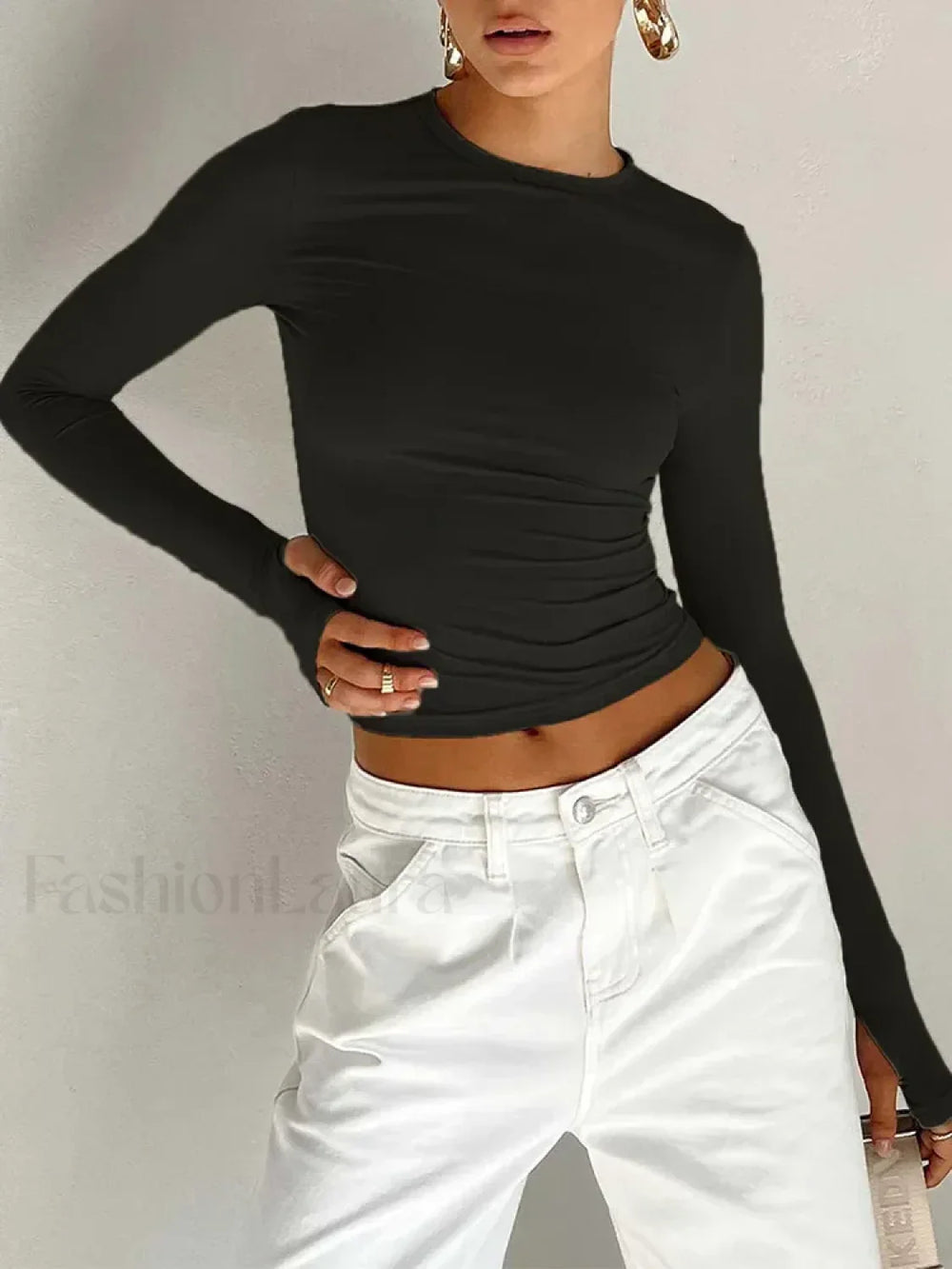 Fashion Women Long Sleeve Crew Neck Crop Top