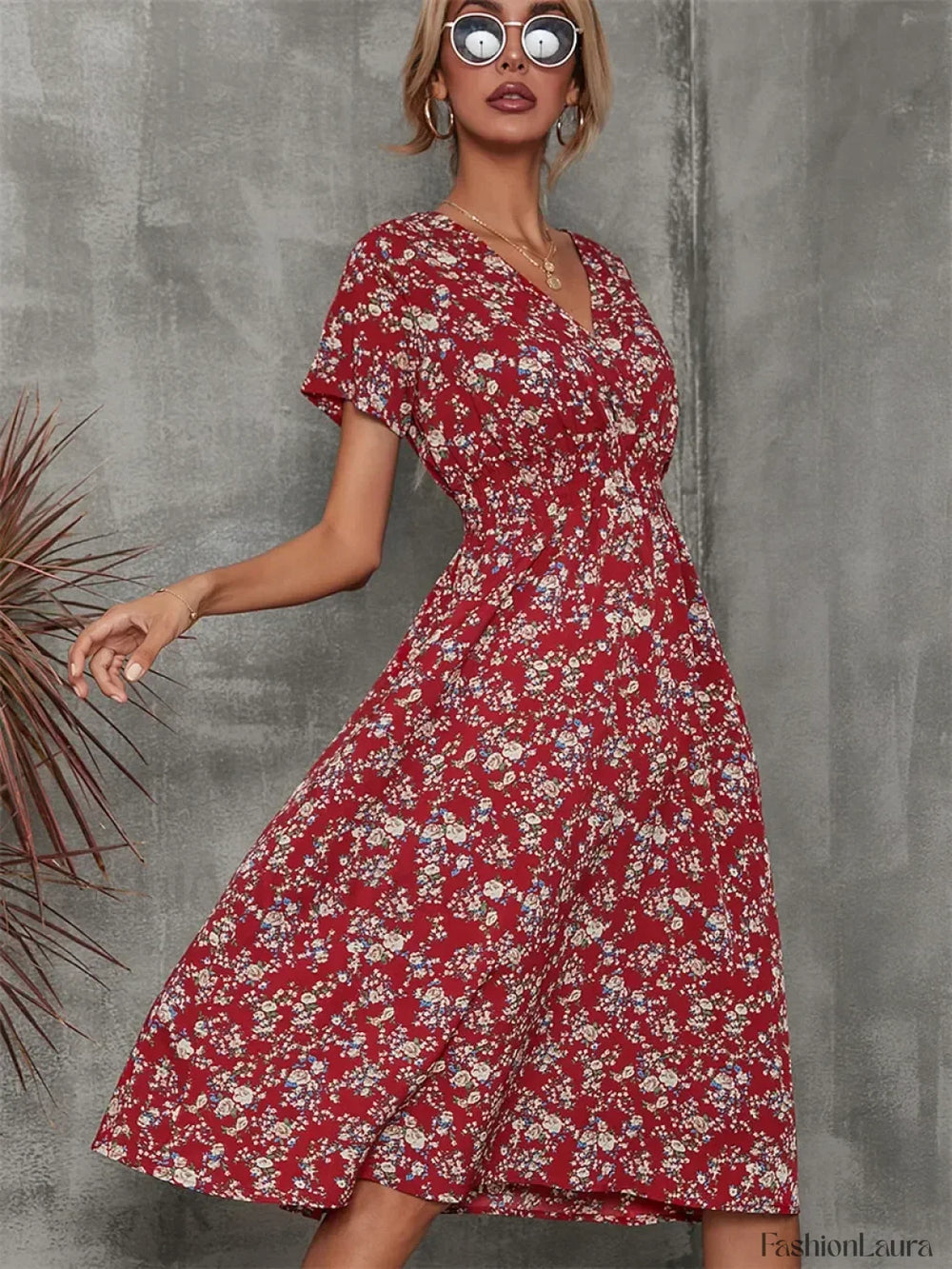 Fashionable Floral Holiday Sleeveless Chic Summer Long Midi Dress Burgundy / S