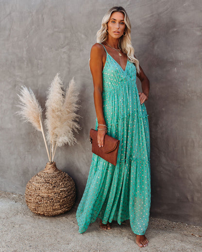 Fathoms Below Adjustable Metallic Tiered Maxi Dress - Seafoam