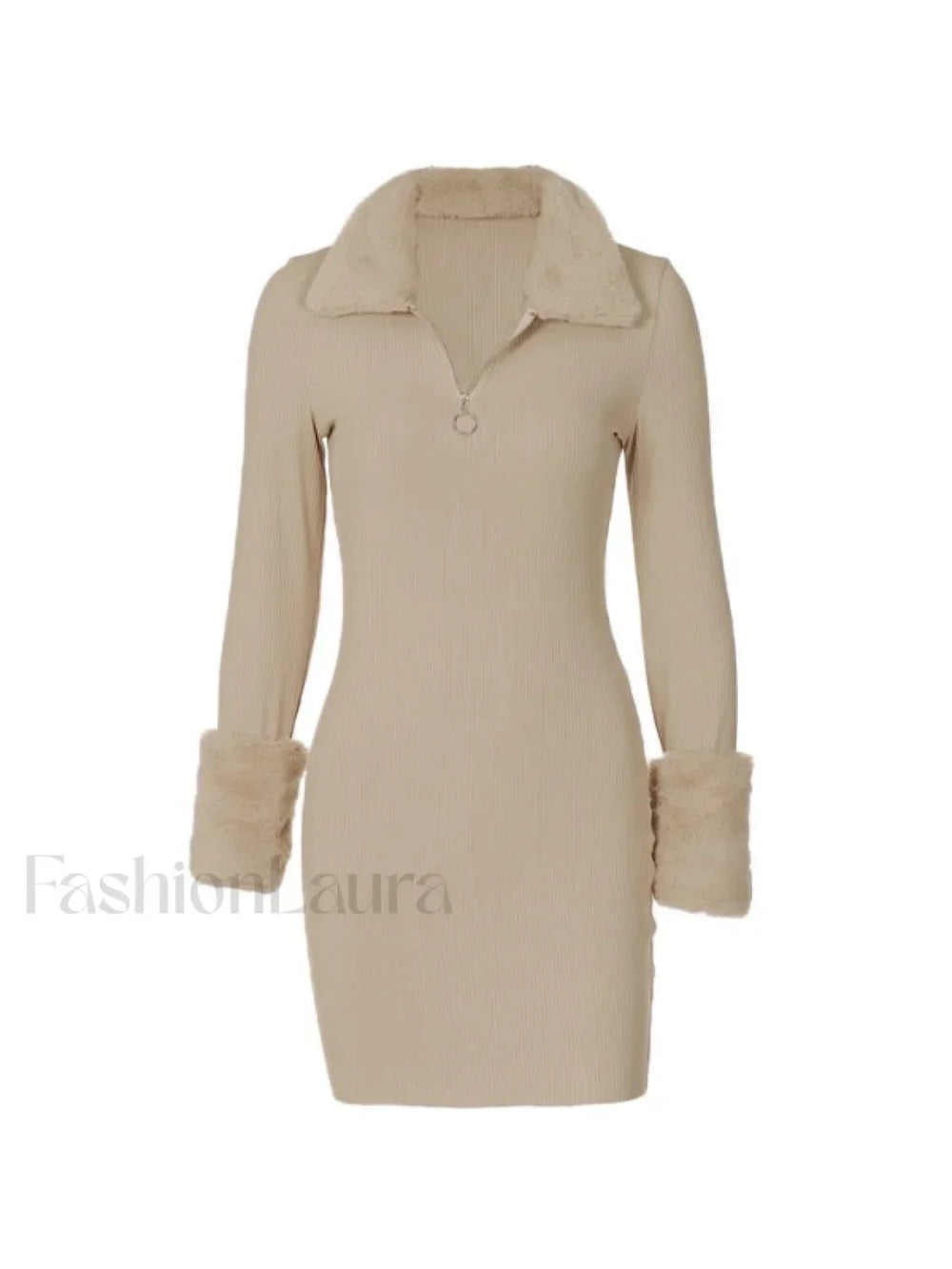 Faux Fur Trim Ribbed Long Sleeve Mini Dress Mini Dresses