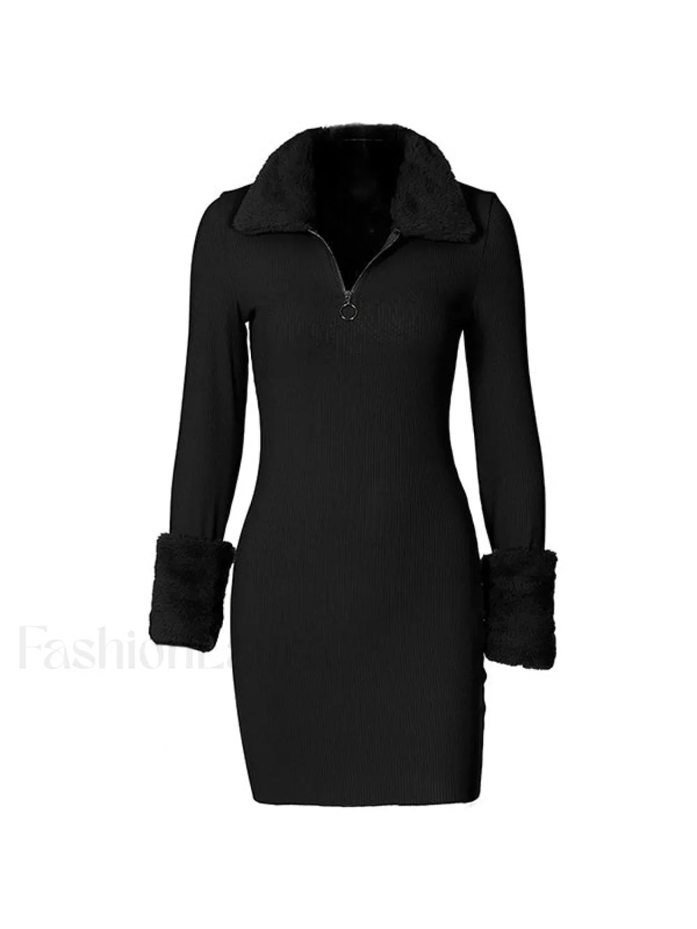 Faux Fur Trim Ribbed Long Sleeve Mini Dress Mini Dresses