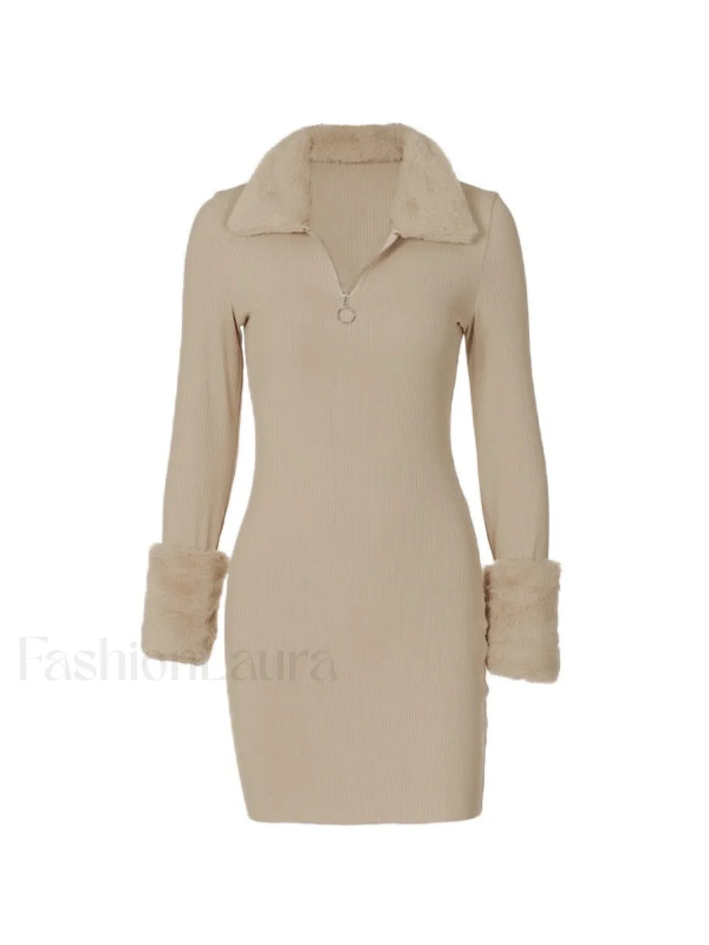 Faux Fur Trim Ribbed Long Sleeve Mini Dress Mini Dresses