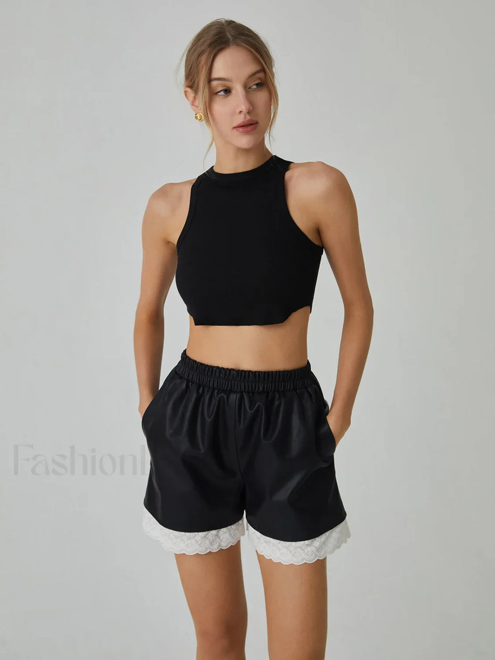 Faux Leather Graceful Lace Patchwork Shorts Shorts