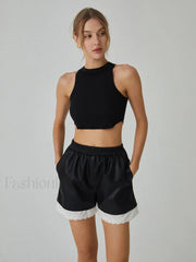 Faux Leather Graceful Lace Patchwork Shorts Shorts