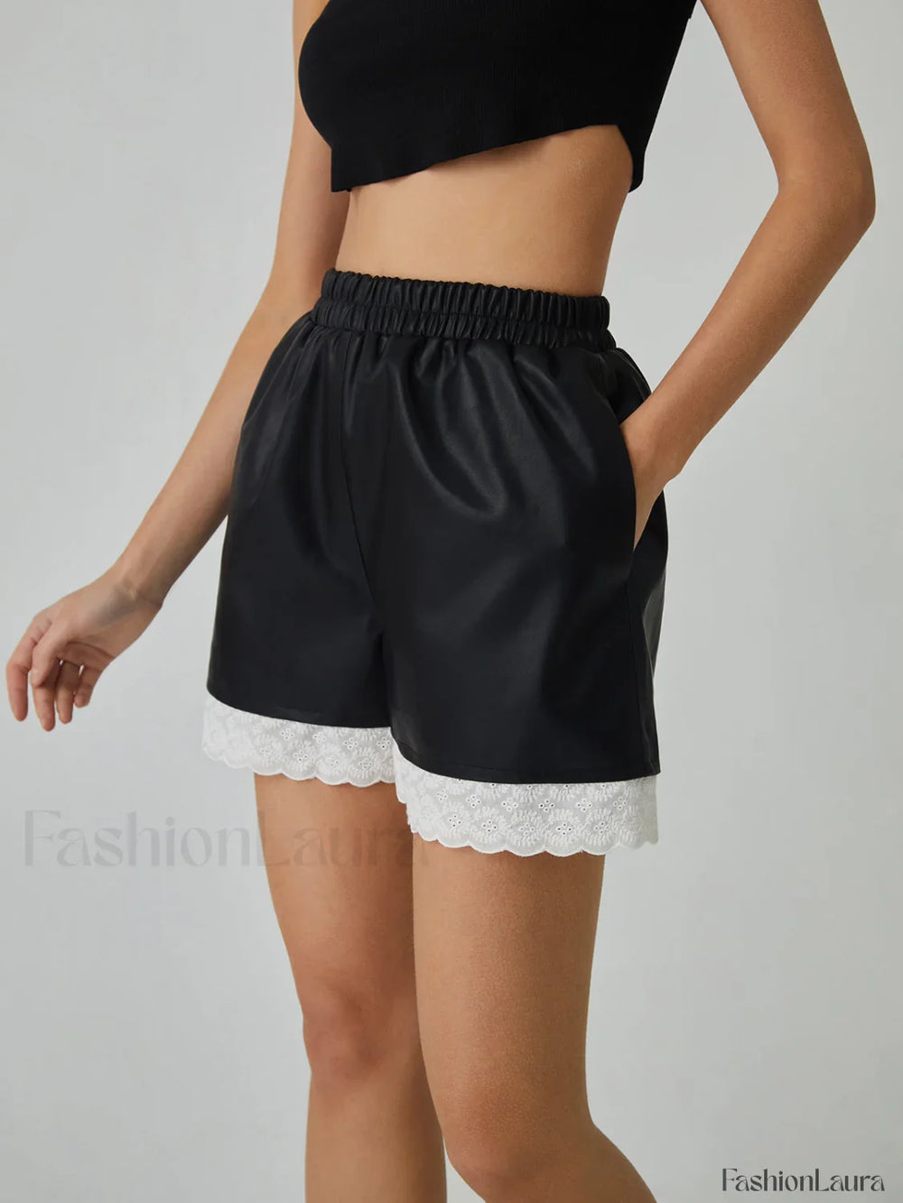 Faux Leather Graceful Lace Patchwork Shorts Black / XS Shorts