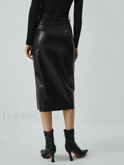 Faux Leather Graceful Pockets Midi Skirt Skirts