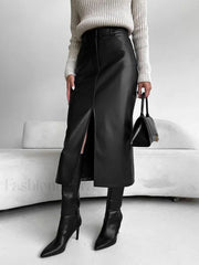 Faux Leeather Graceful Slit Midi Skirt Black / XS Skirts