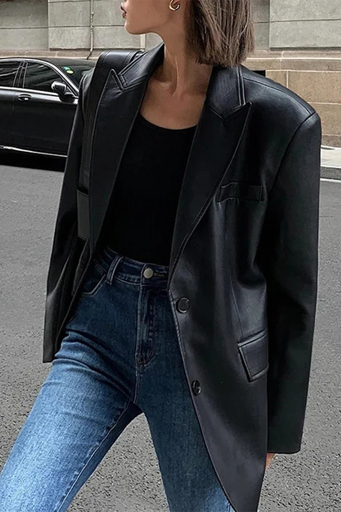 Black PU Leather Blazer Jacket coats