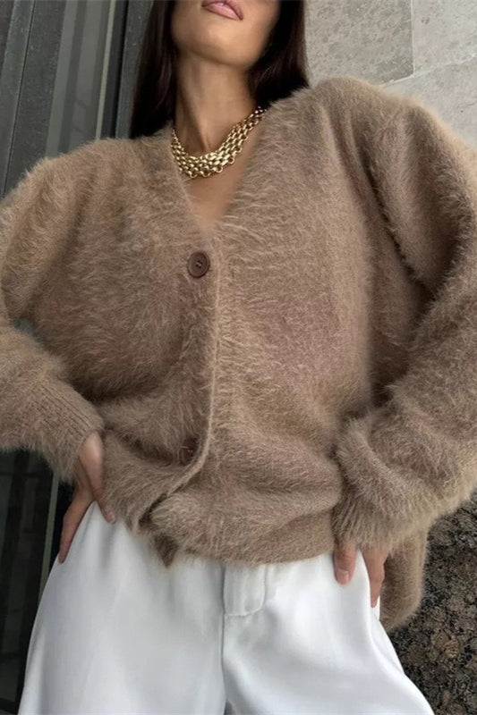 Plush V-Neck Cardigan Brown / One Size