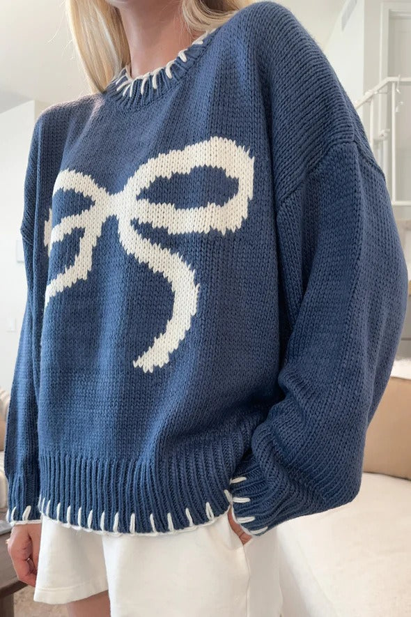 Bow Jacquard Knit Pullover Sweater