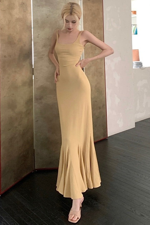 Sexy Spaghetti Strap Backless Formal Dress S / Beige