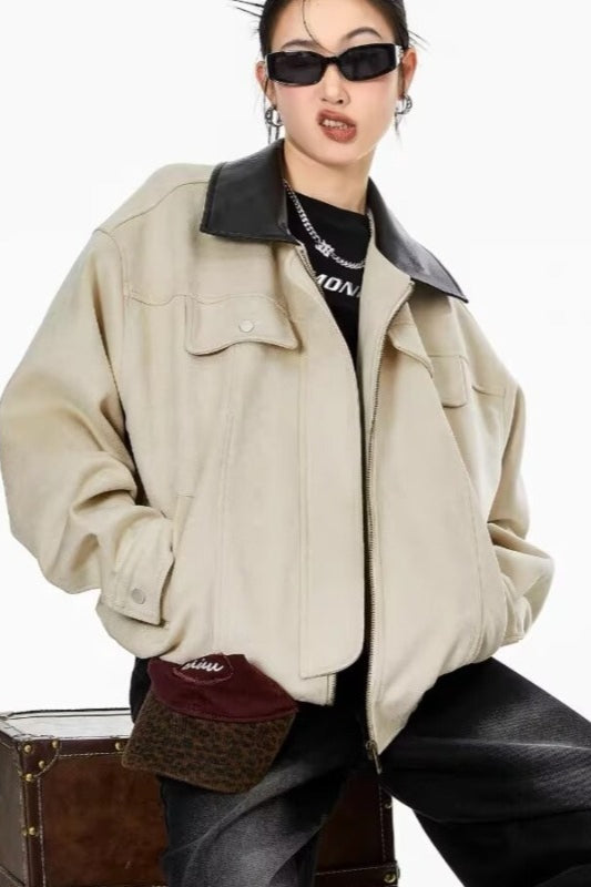 Patchwork Suede Casual Jacket Khaki / M