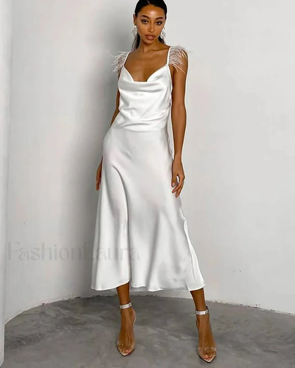 Feather Satin Strap Midi Dress WHITE / S