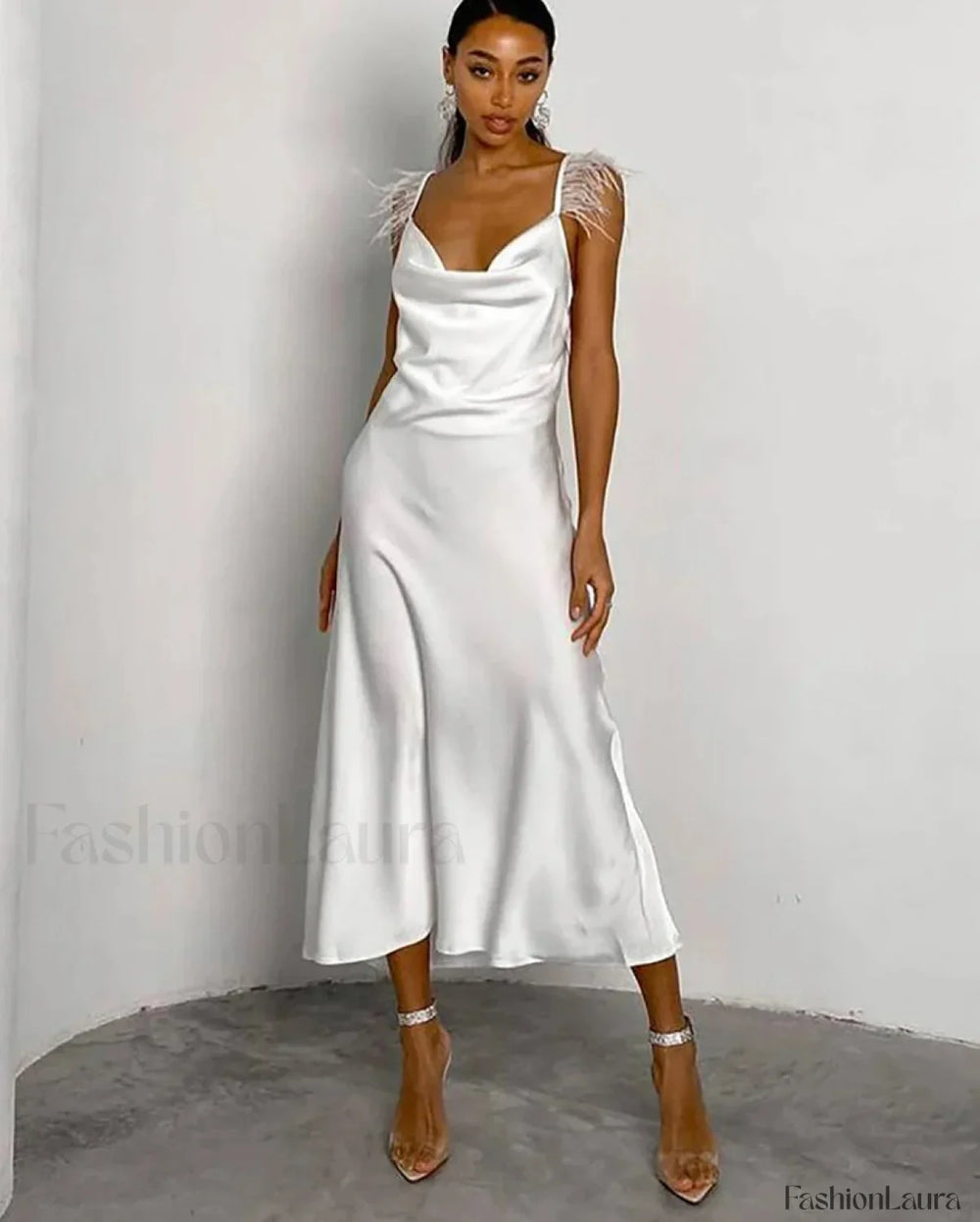 Feather Satin Strap Midi Dress WHITE / S