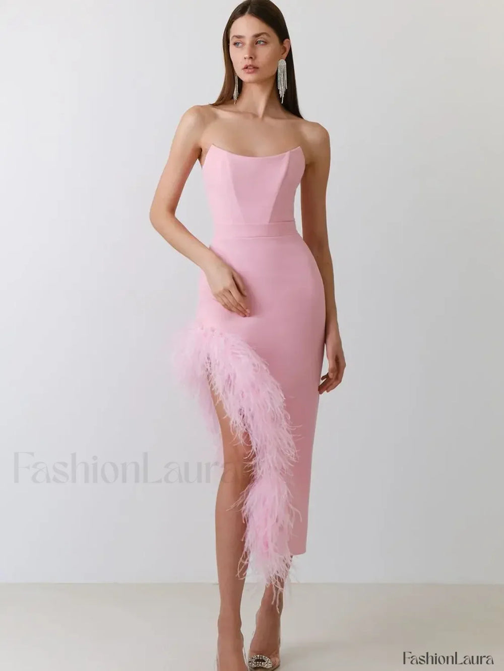 Feather Strapless Bandage Midi Dress