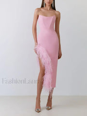 Feather Strapless Bandage Midi Dress