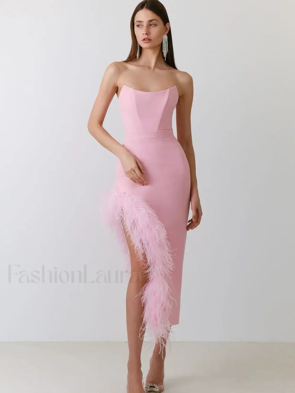Feather Strapless Bandage Midi Dress Pink / S