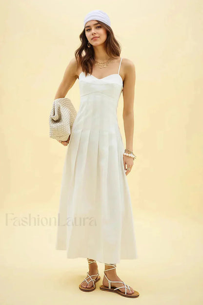 Fishbone Tube Top Sleeveless Waist Flared Maxi Dress White / S