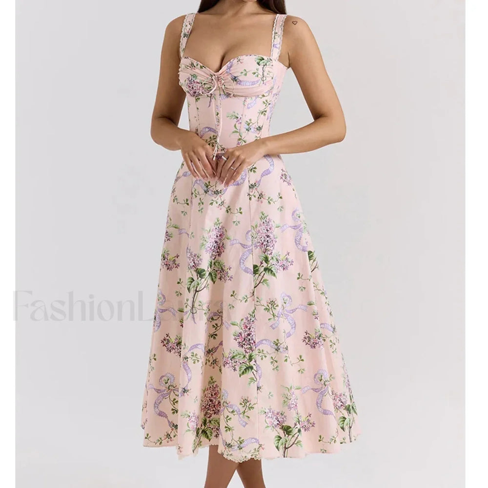 Fishbone Waist Cotton Midi Dress pink / S