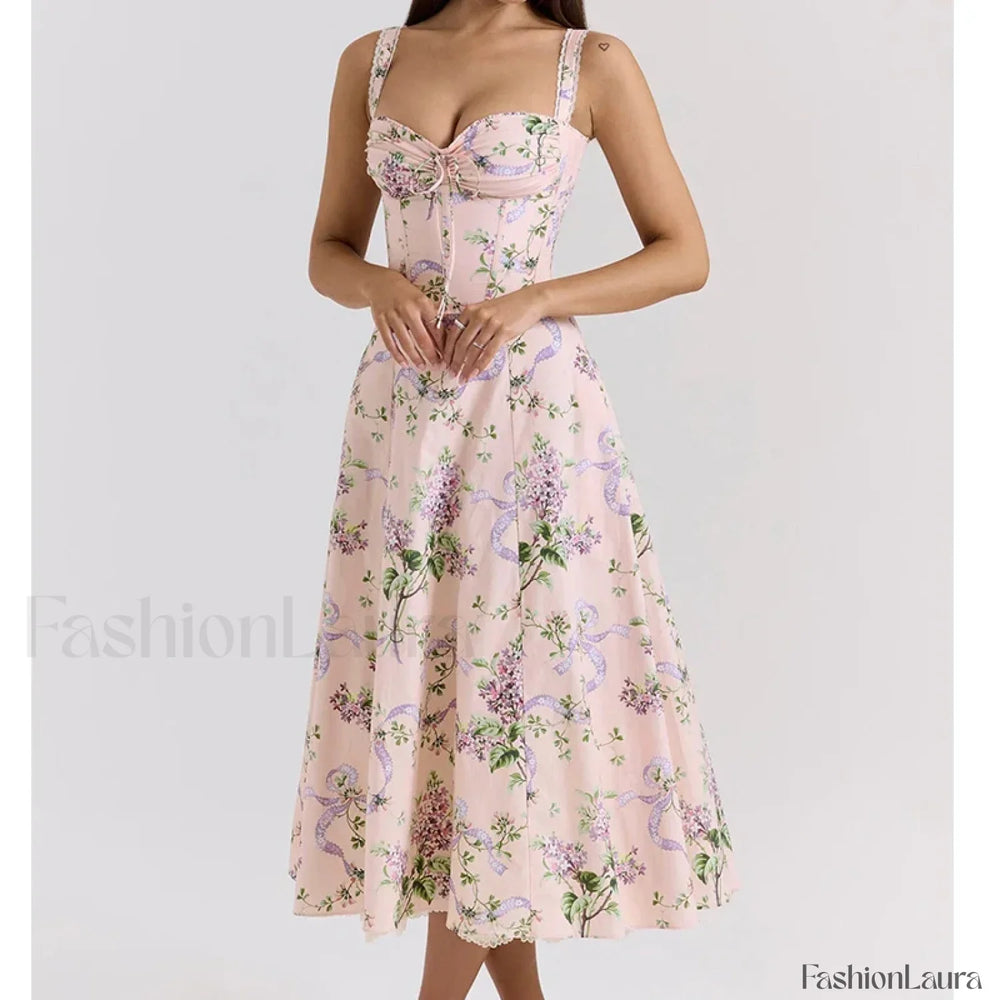 Fishbone Waist Cotton Midi Dress pink / S