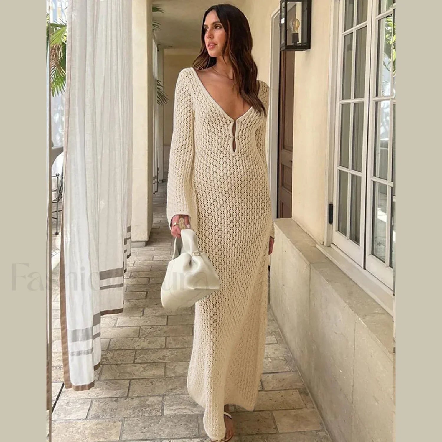 Fishtail Flare V Neck Dress Cover Up Beige / S