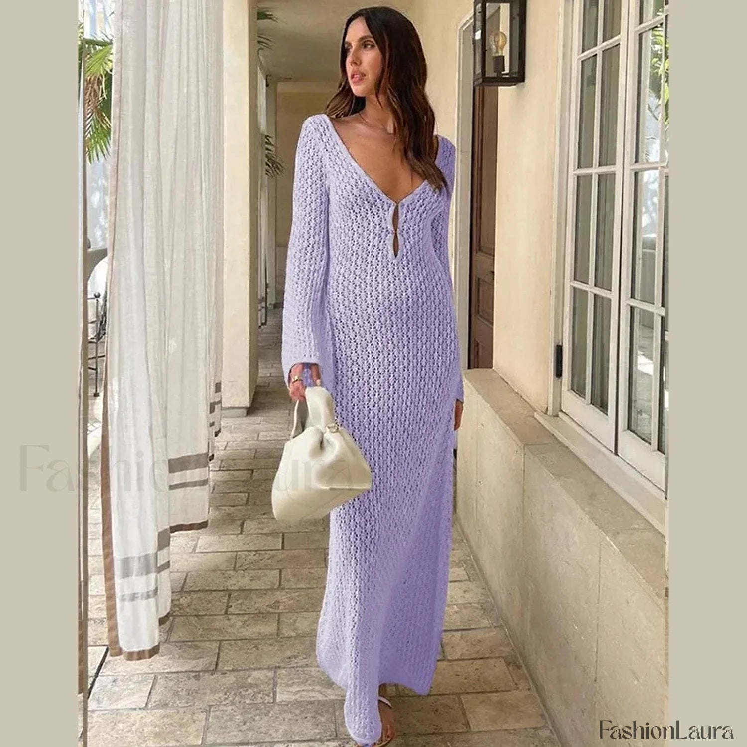 Fishtail Flare V Neck Dress Cover Up Light Purple / S