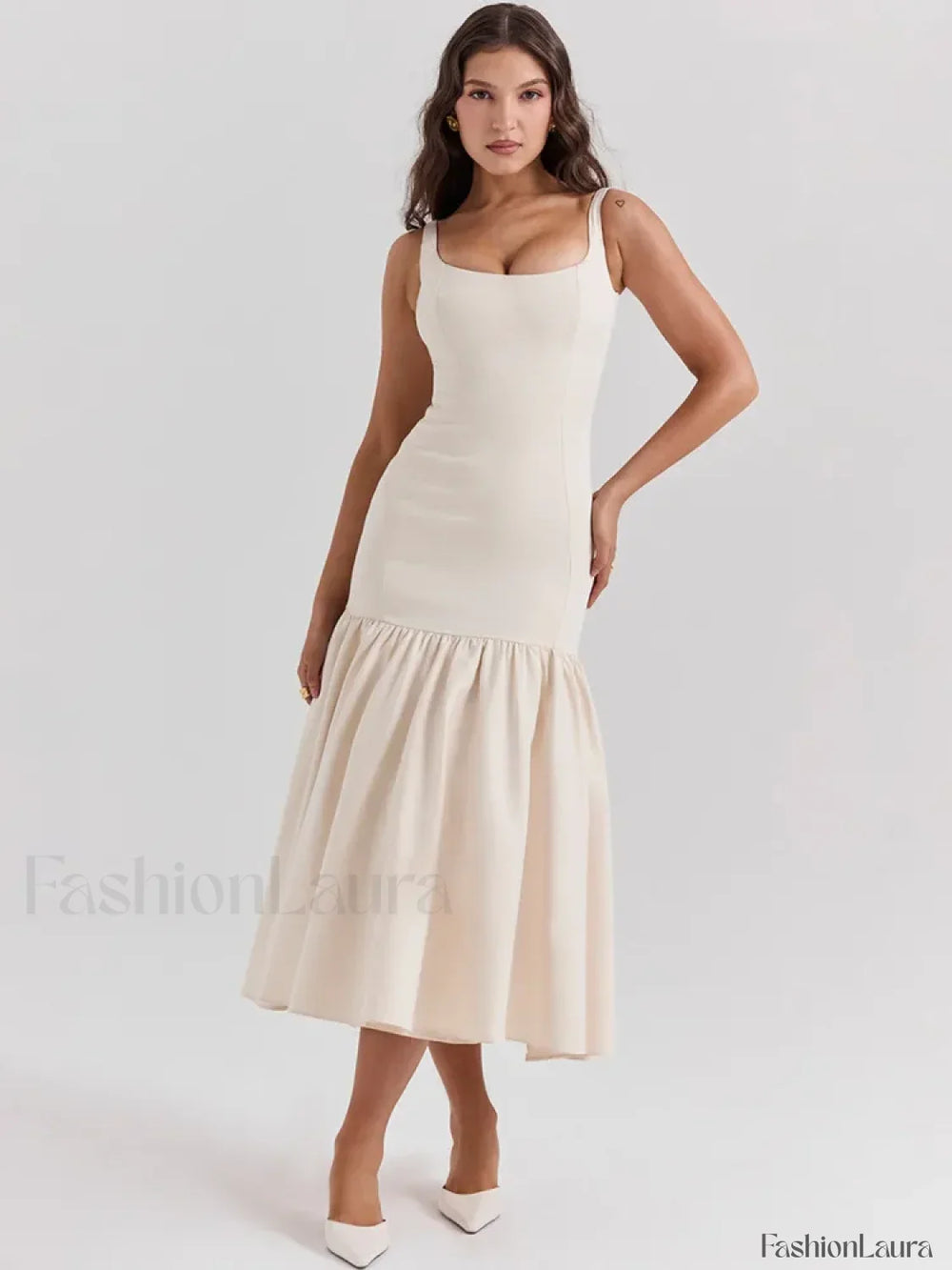 Fishtail Square Collar Midi Dress