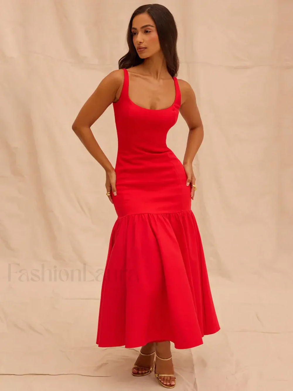 Fishtail Square Collar Midi Dress