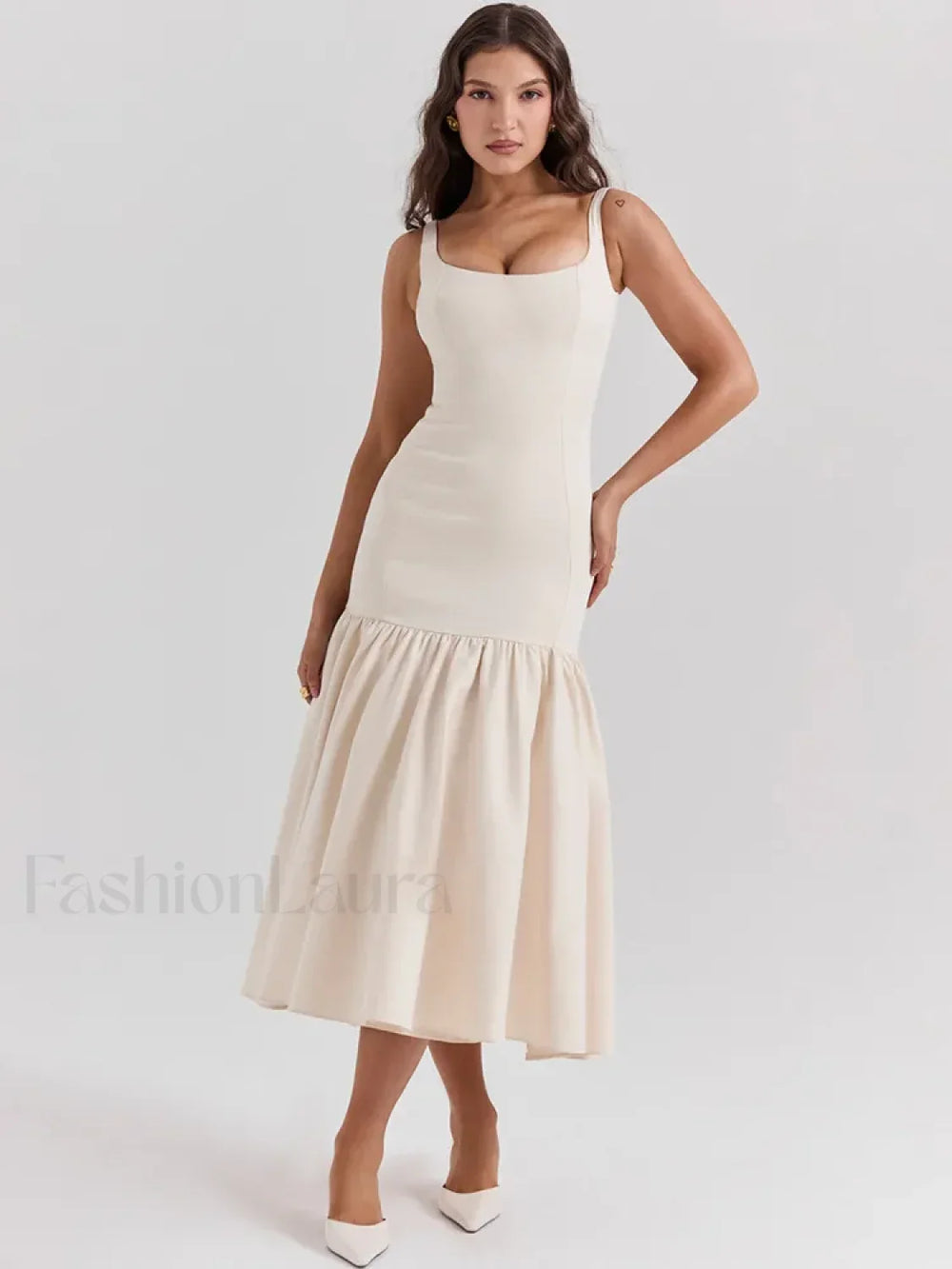 Fishtail Square Collar Midi Dress