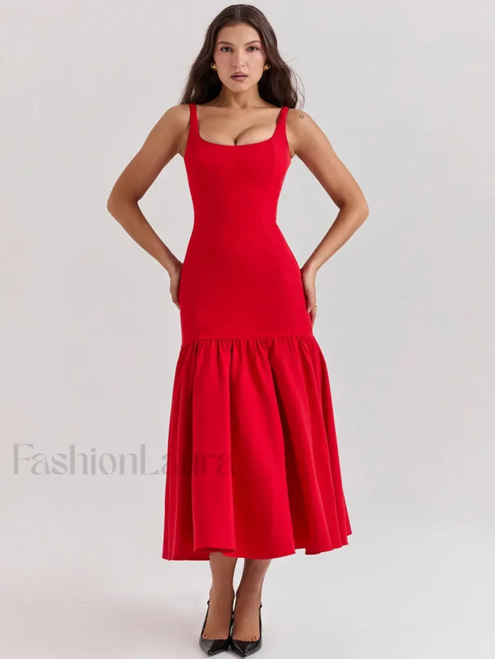 Fishtail Square Collar Midi Dress Red / S