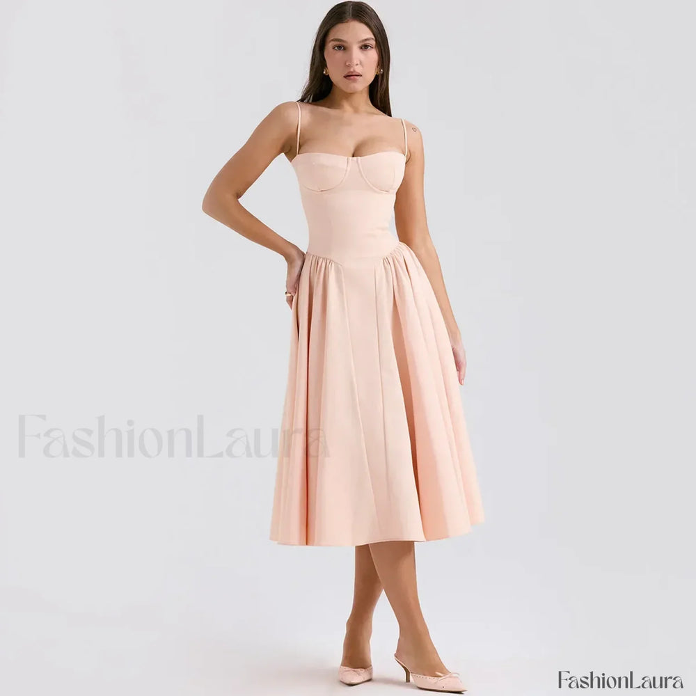 Fit Flare Spaghetti Midi Dress pink / XS