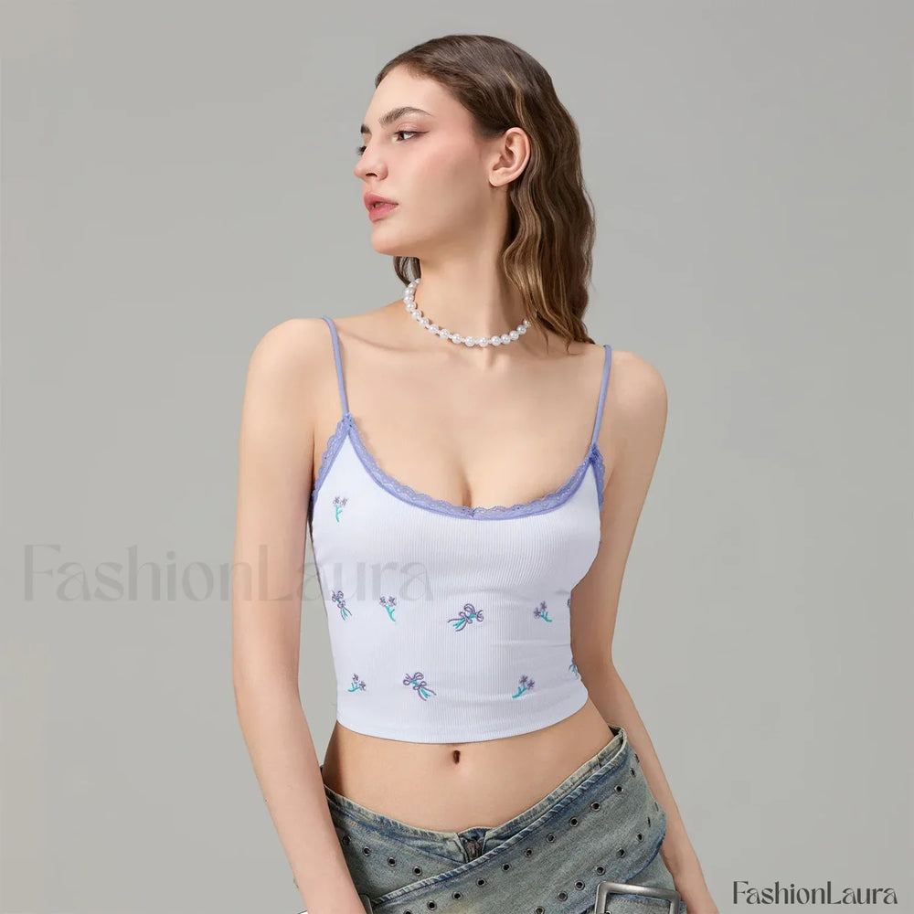 Fitted Lace Trim Crop Top Blue / S