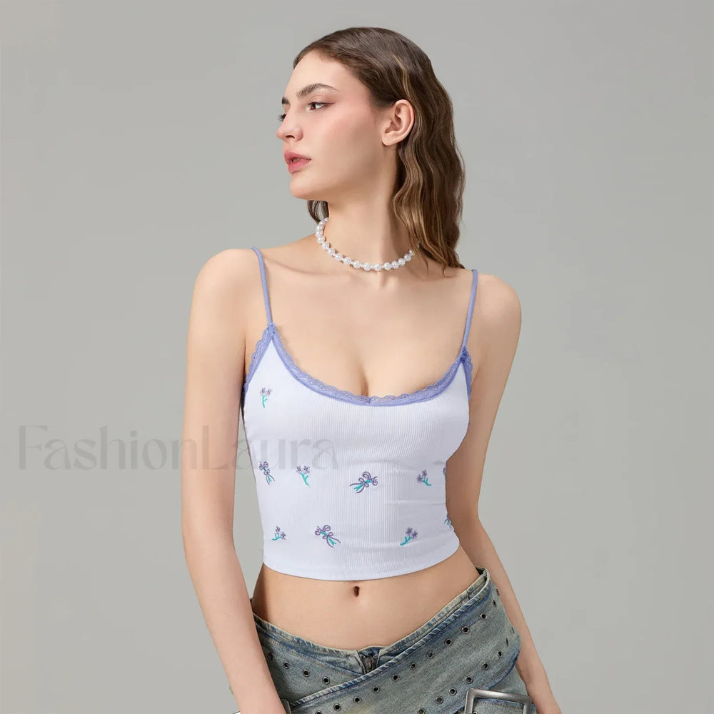 Fitted Lace Trim Crop Top Blue / S