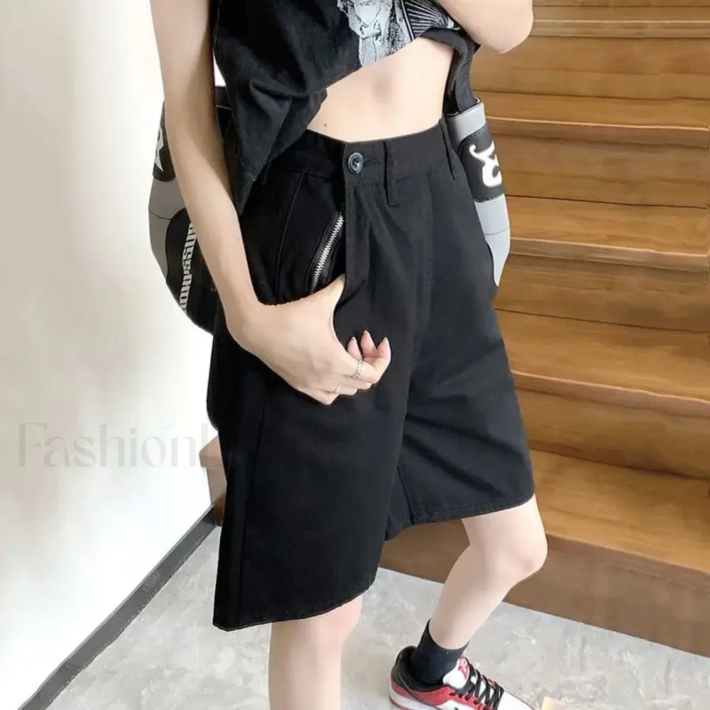 Five point Wide leg High waist Straight leg Casual Short Black / S