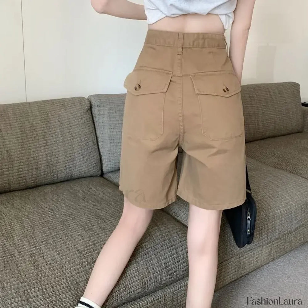 Five point Wide leg High waist Straight leg Casual Short Khaki / S