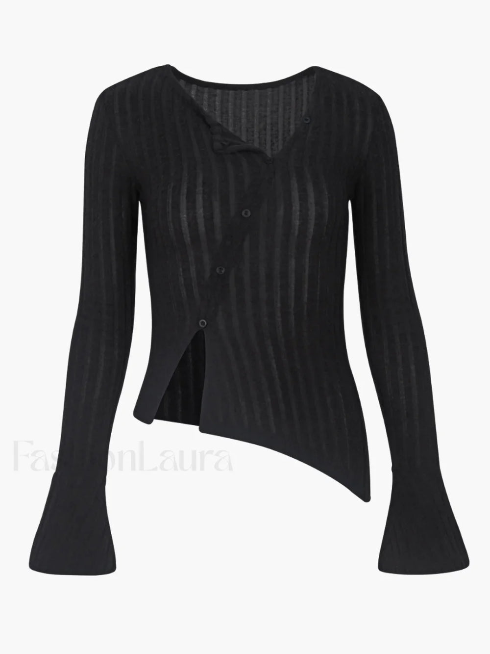 Flare Cuff Graceful Ribbed Knit Top Black / XS Shirts