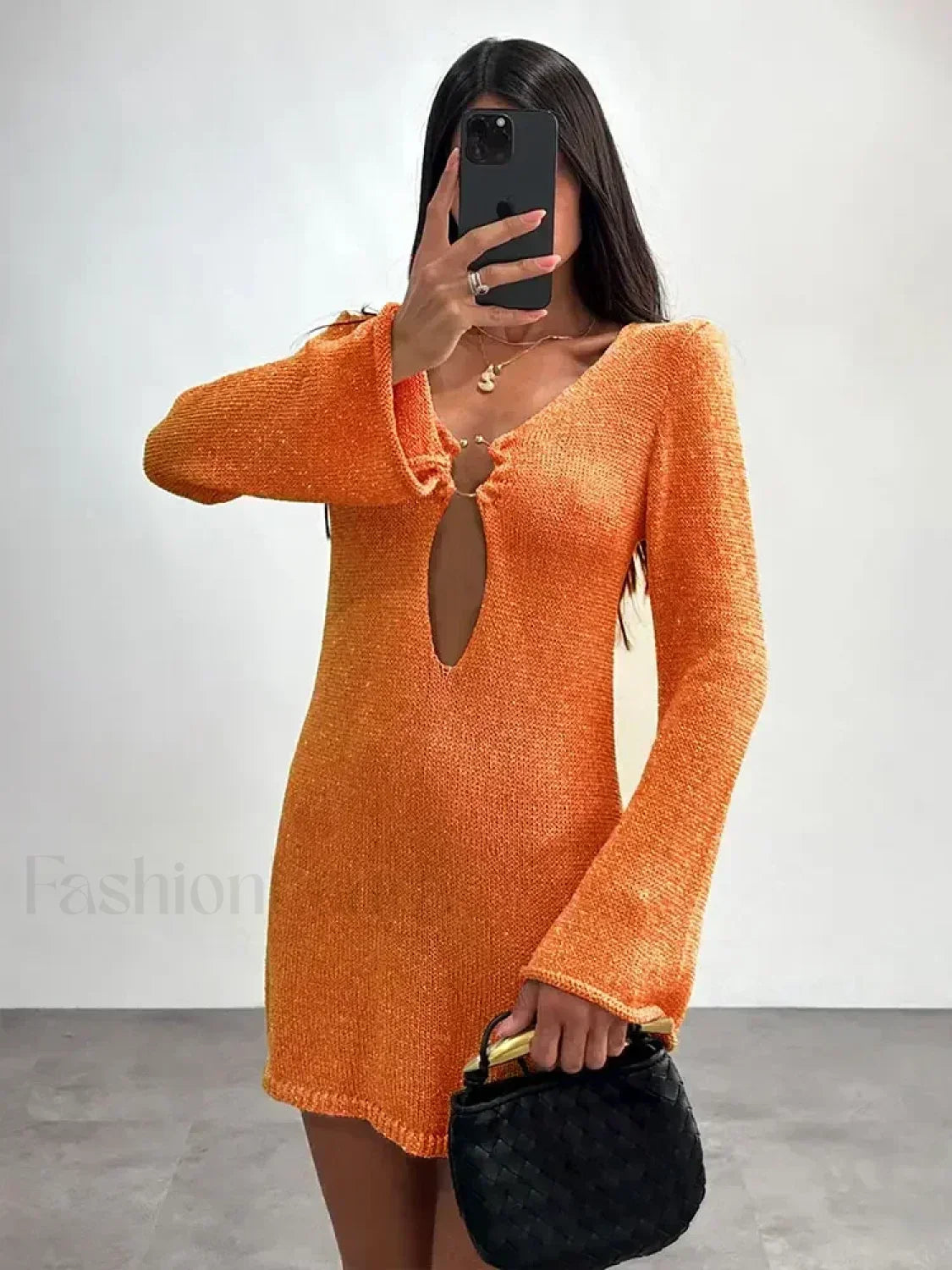Flared Sleeve Knit Mini Cover Up ORANGE RED / S