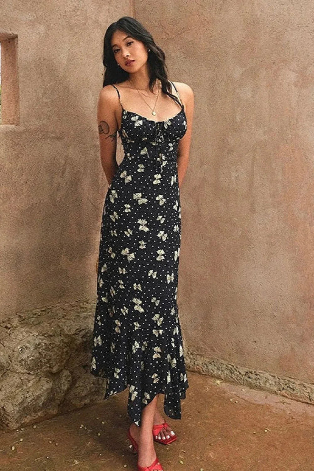 Floral Backless Strappy Maxi Dress French Maxi Dress Black / S