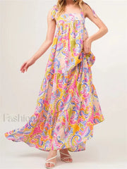 Floral Backless Tie Strap Maxi Dress pink / S