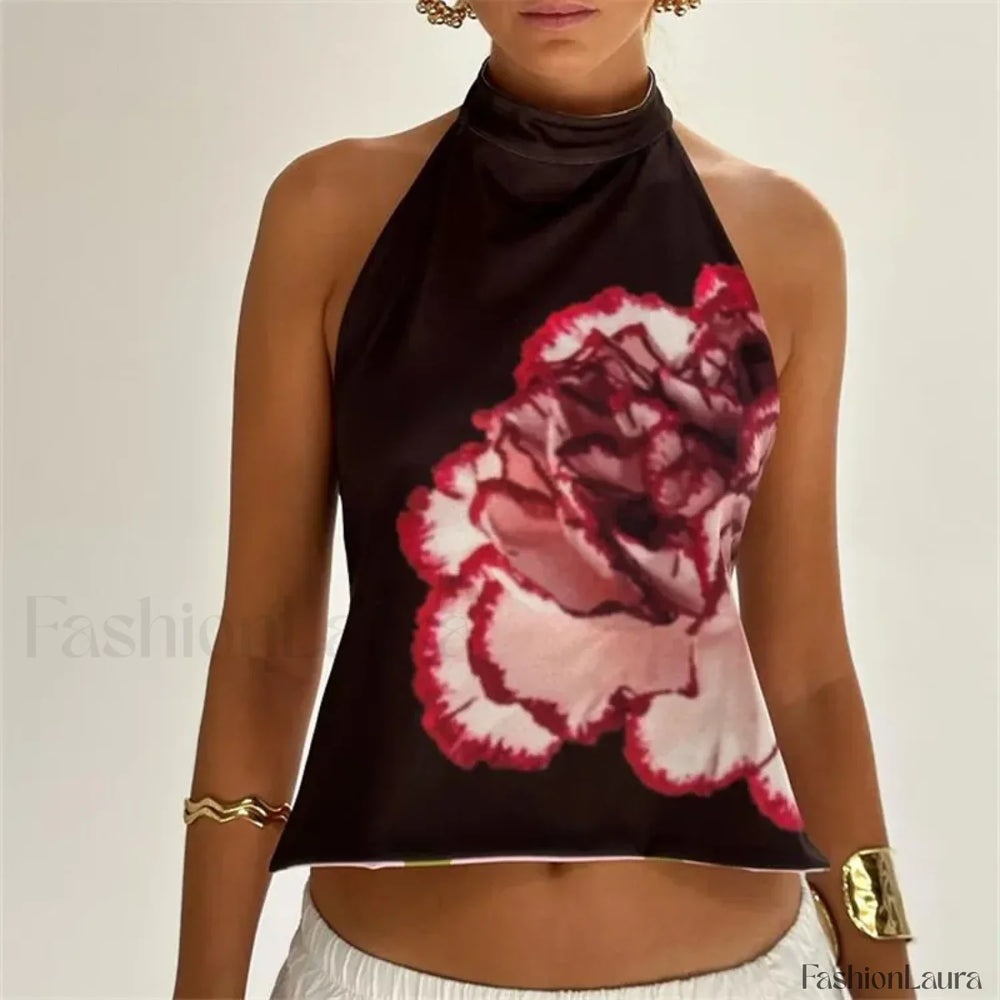 Floral Boho Backless Crop Top BLACK1 / S