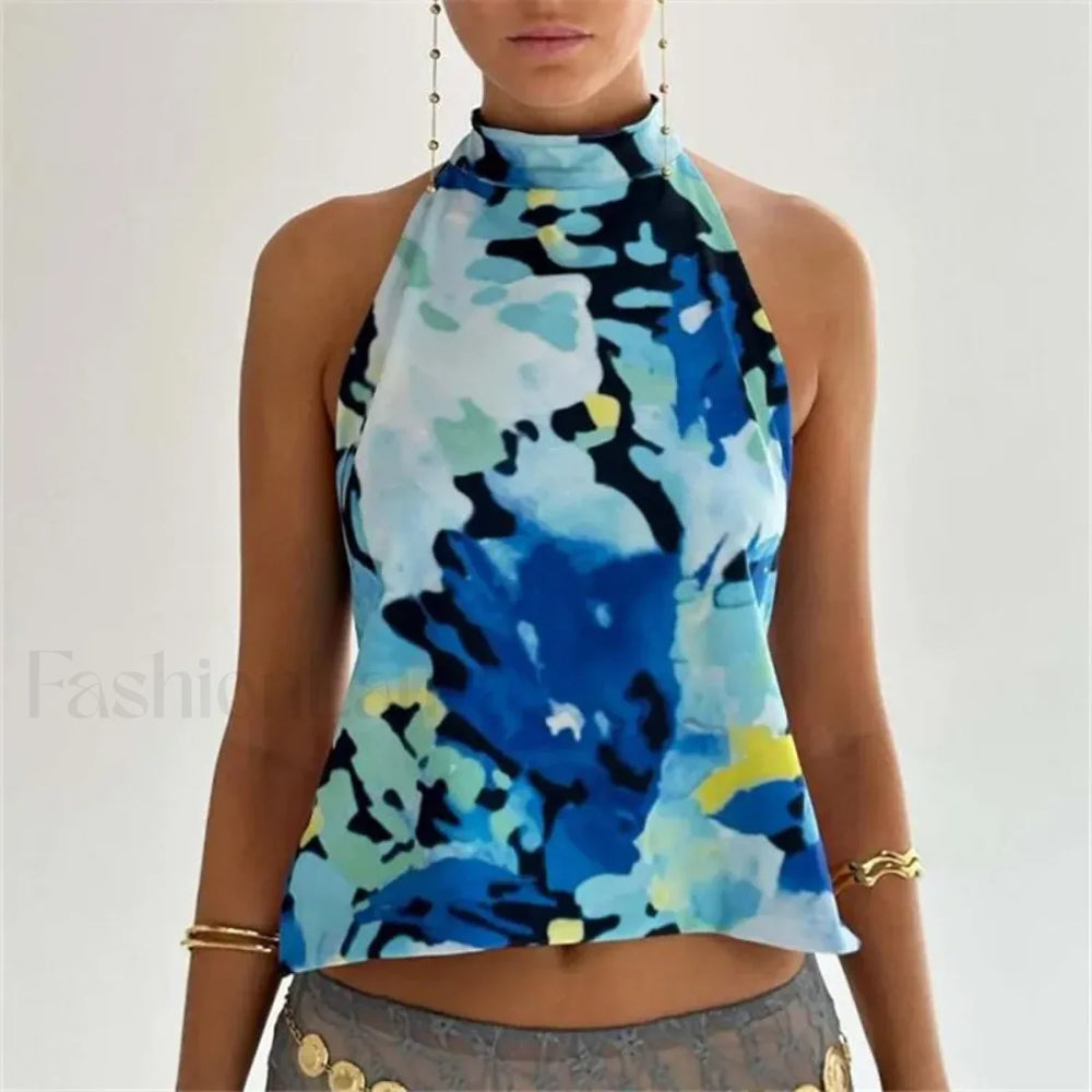 Floral Boho Backless Crop Top BLUE / S
