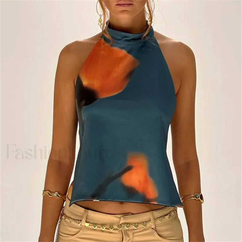 Floral Boho Backless Crop Top GREEN / S