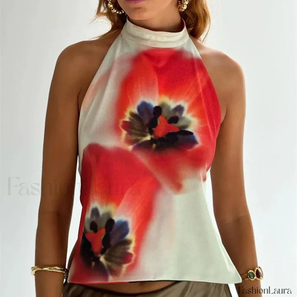 Floral Boho Backless Crop Top WHITE / S