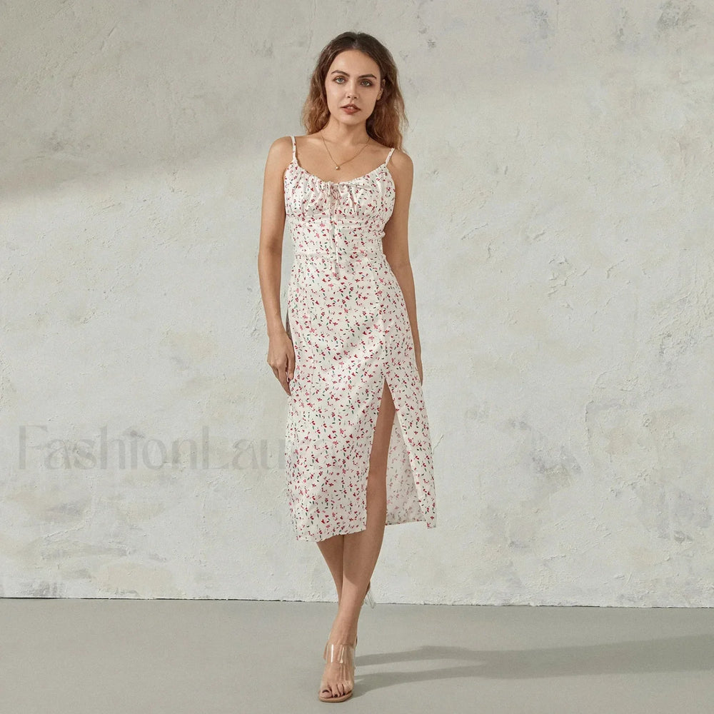 Floral Bustier Slit Midi Dress