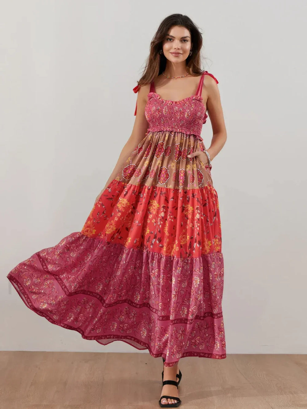 Floral Cami Straps Boho Dress red / S