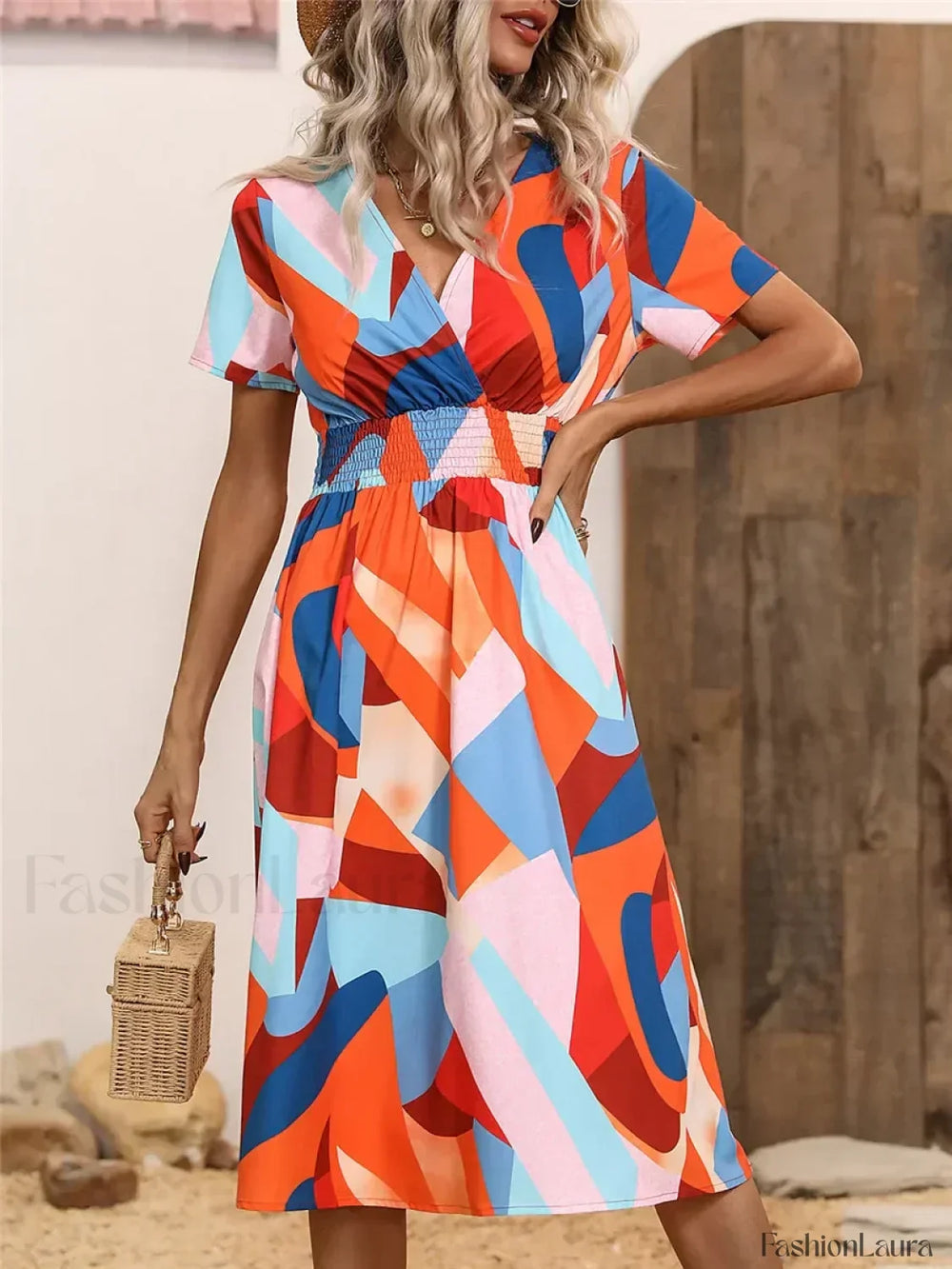 Floral Chic Summer Short Sleeve Fashionable Midi Dress Orange Blue / S