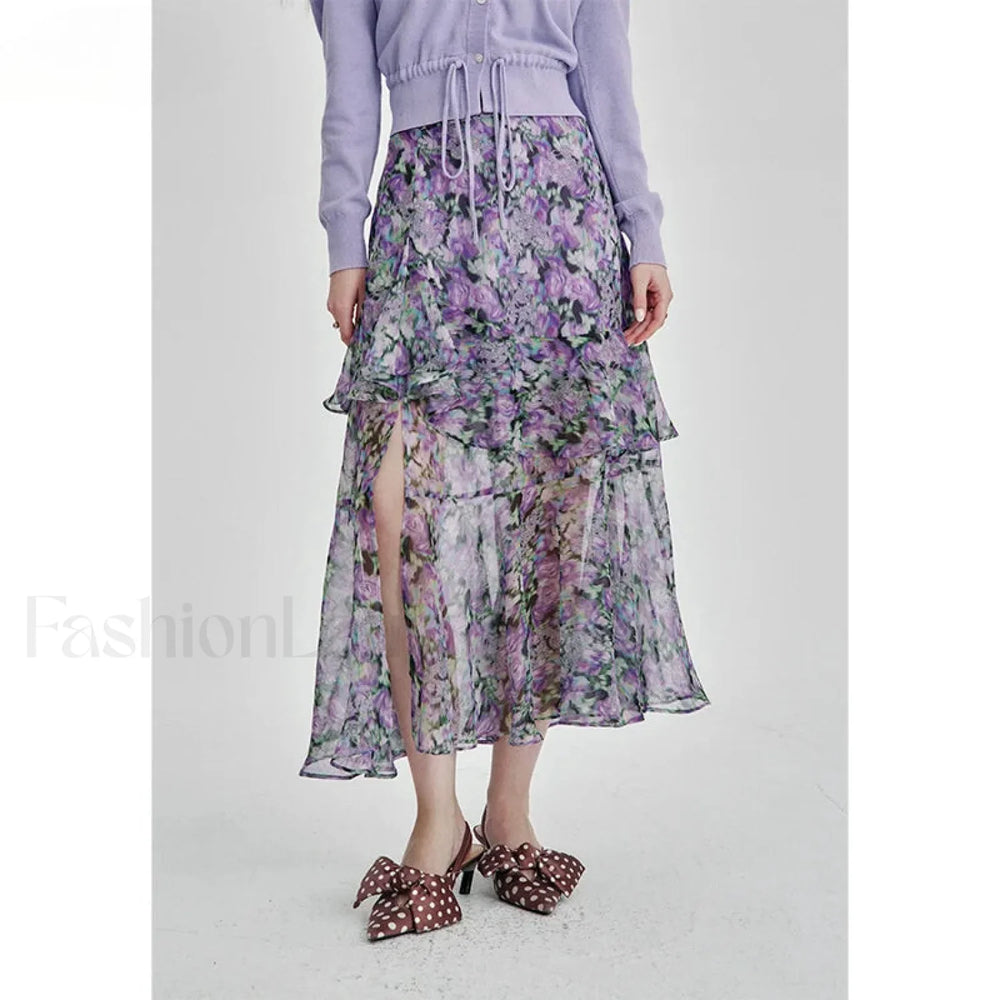 Floral Chiffon Ruffled Slit Skirt